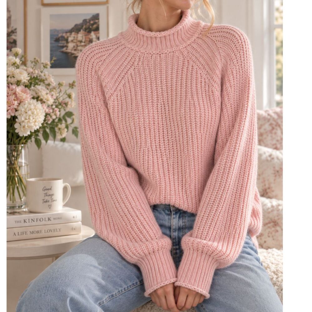 J.Crew Relaxed Rollneck Pink Cotton Sweater XS Soft Girl Cozy Feminine Knit Top